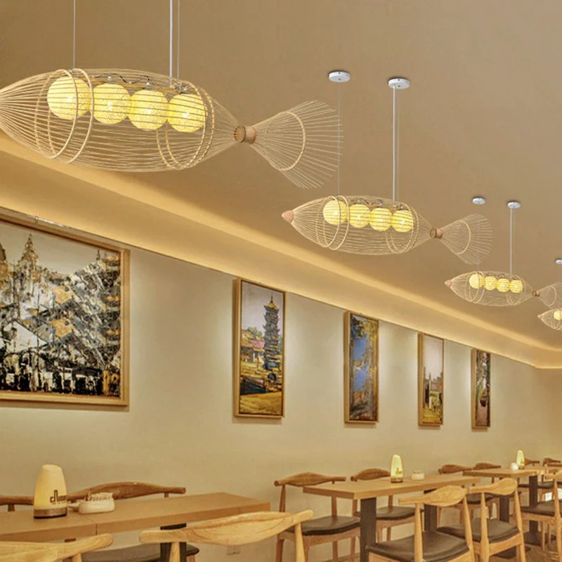Hedendaagse viskroonluchter hanglamp bamboe theesalon hangende verlichting hout Clearhalo
