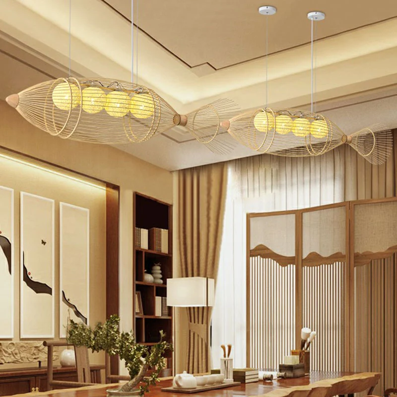 Hedendaagse viskroonluchter hanglamp bamboe theesalon hangende verlichting hout Clearhalo