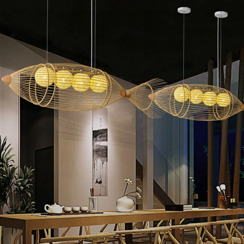 Hedendaagse viskroonluchter hanglamp bamboe theesalon hangende verlichting hout Clearhalo