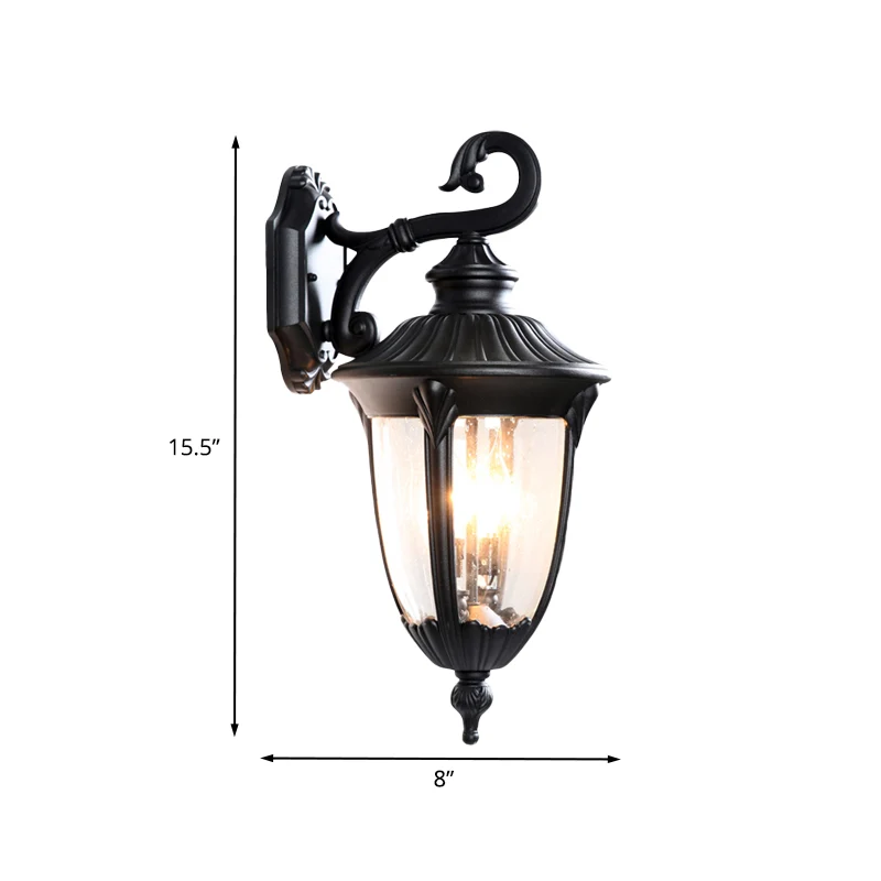 Helder bubbelglas, zwarte blaker Urn, rustieke wandlamp met 1 kop en curlingarm voor buiten Clearhalo