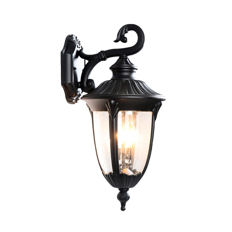 Helder bubbelglas, zwarte blaker Urn, rustieke wandlamp met 1 kop en curlingarm voor buiten Clearhalo