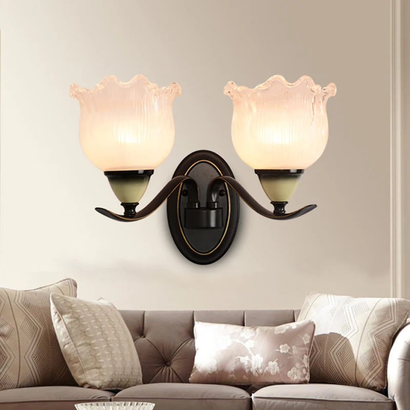 Helder geribbeld glas Bloem Schanslamp Platteland 1/2 Lichten Woonkamer Wandmontage Verlichting zwart Clearhalo