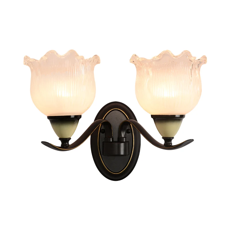 Helder geribbeld glas Bloem Schanslamp Platteland 1/2 Lichten Woonkamer Wandmontage Verlichting zwart Clearhalo