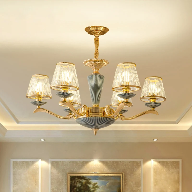 Helder geribbelde glazen kroonluchter verlichting antieke gouden conische slaapkamer plafond hanglamp Clearhalo