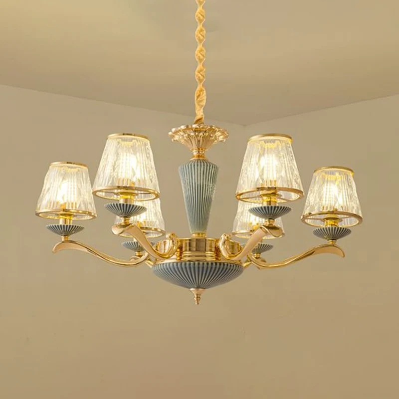 Helder geribbelde glazen kroonluchter verlichting antieke gouden conische slaapkamer plafond hanglamp Clearhalo