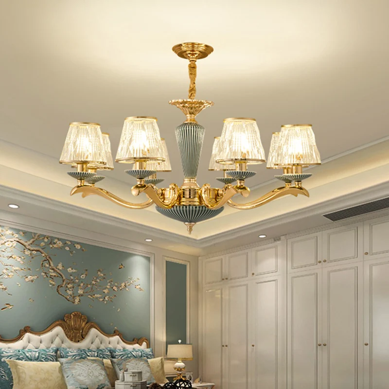 Helder geribbelde glazen kroonluchter verlichting antieke gouden conische slaapkamer plafond hanglamp Clearhalo