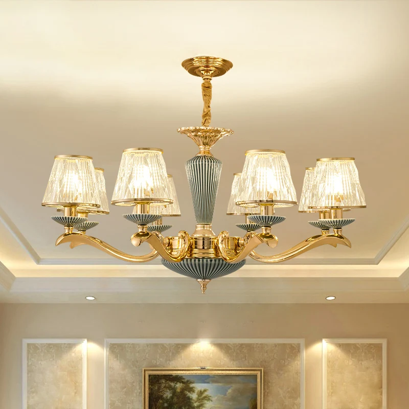 Helder geribbelde glazen kroonluchter verlichting antieke gouden conische slaapkamer plafond hanglamp Clearhalo