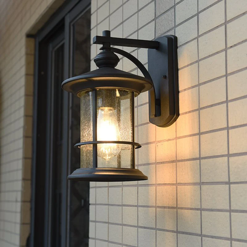 Helder gezaaide glazen cilinder schanslicht Lodges 1-lamp buiten wandgemonteerde lamp zwart / koffie voor tuin Clearhalo