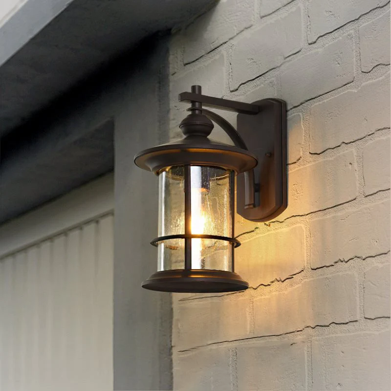 Helder gezaaide glazen cilinder schanslicht Lodges 1-lamp buiten wandgemonteerde lamp zwart / koffie voor tuin Clearhalo