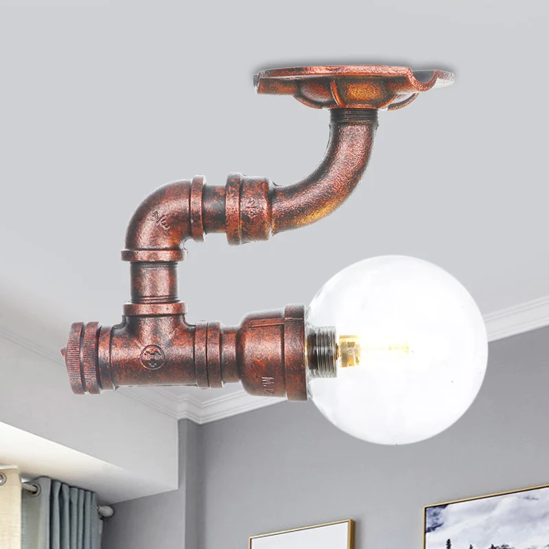 Helder glas koper semi-inbouwmontage bolvormig 1-lamps verouderde LED-plafondlamparmatuur Clearhalo