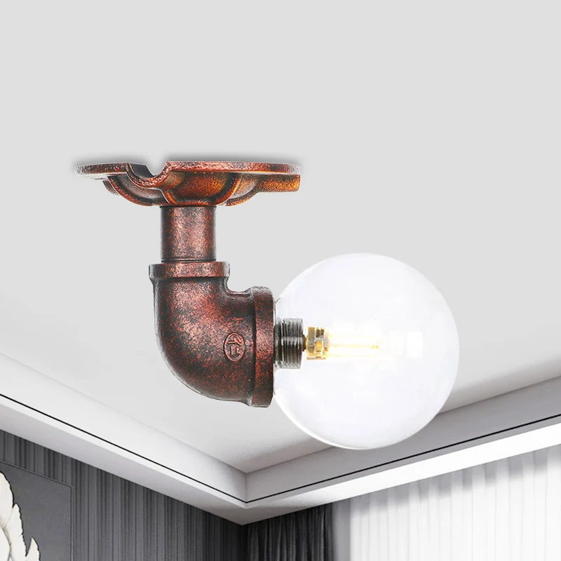 Helder glas koper semi-inbouwmontage bolvormig 1-lamps verouderde LED-plafondlamparmatuur Clearhalo