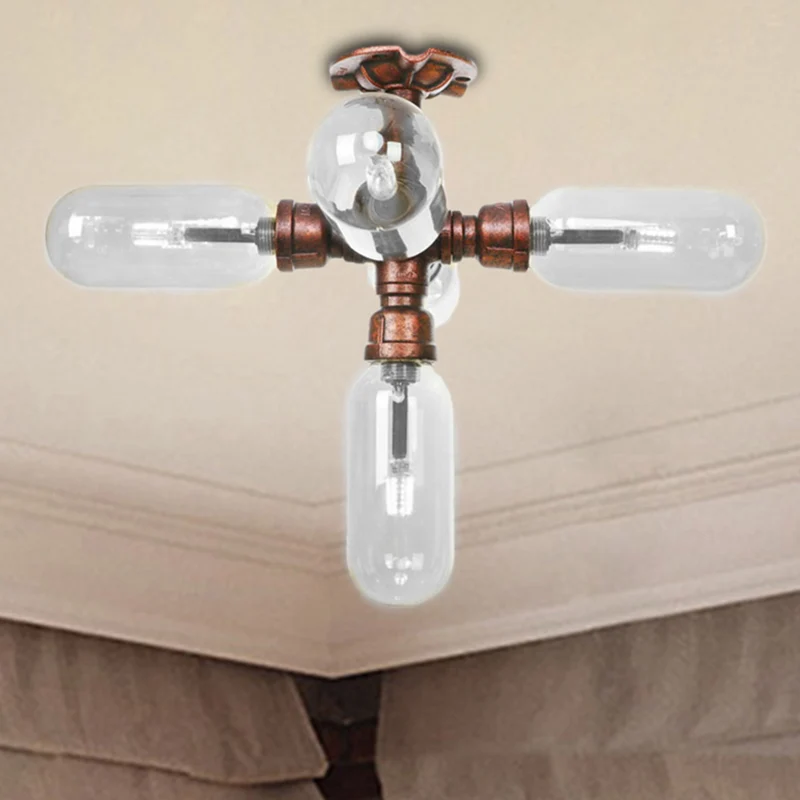 Helder glas semi-mount verlichting industrieel verweerd koper 3/4/5 lichte ovale schaduw binnenplafondlamp met pijpontwerp...