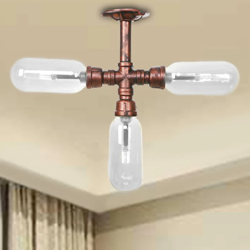 Helder glas semi-mount verlichting industrieel verweerd koper 3/4/5 lichte ovale schaduw binnenplafondlamp met pijpontwerp...
