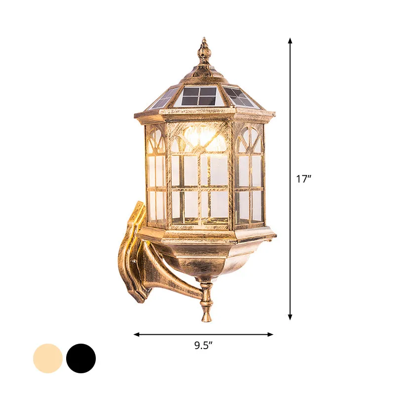 Helder glas zwart/messing zonne-wandverlichting gefacetteerde traditionele LED-lantaarn wandkandelaar voor buiten Clearhalo