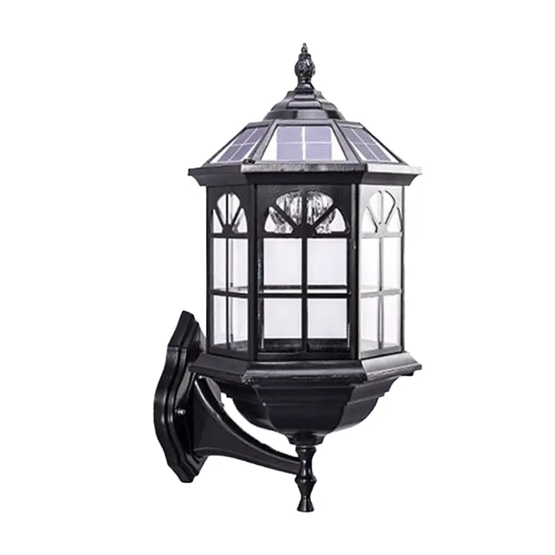 Helder glas zwart/messing zonne-wandverlichting gefacetteerde traditionele LED-lantaarn wandkandelaar voor buiten Clearhalo