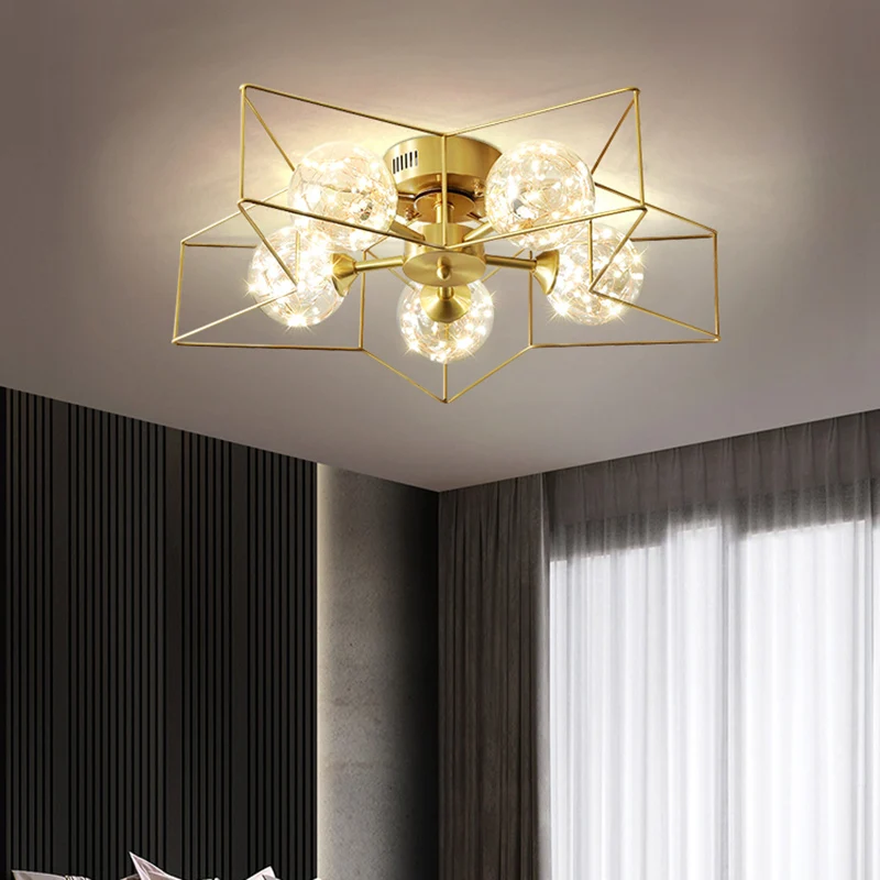Helder glazen bol LED semi-inbouw moderne stijl 5 hoofden messing verzonken plafondlamp met ster metalen frame Clearhalo