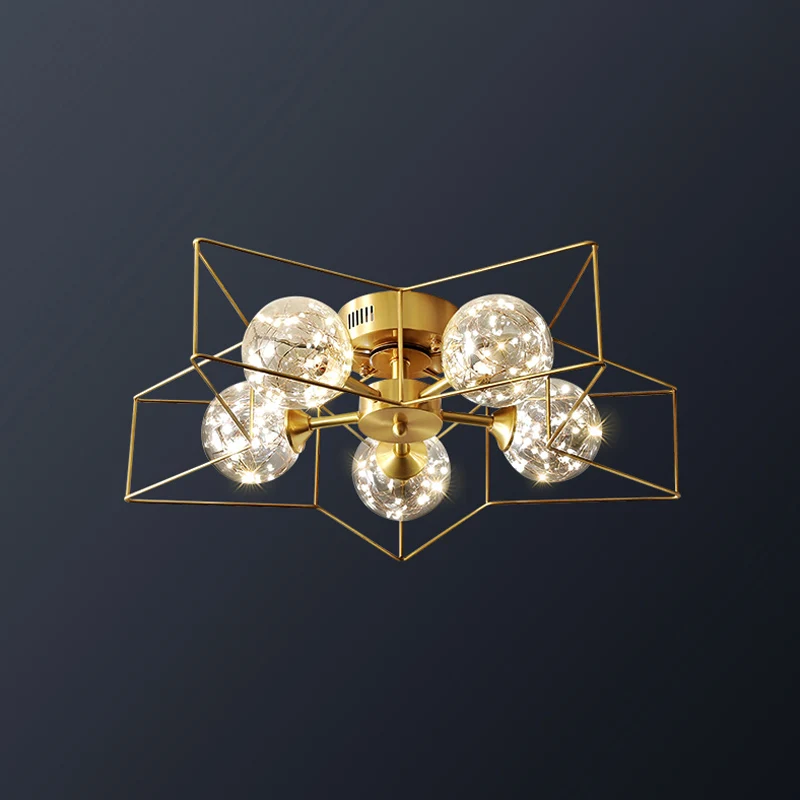 Helder glazen bol LED semi-inbouw moderne stijl 5 hoofden messing verzonken plafondlamp met ster metalen frame Clearhalo