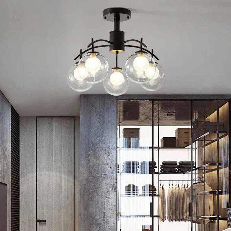 Helder glazen bol semi-inbouwlicht eigentijds 3/5/6-licht woonkamer plafond inbouw kroonluchter zwart Clearhalo