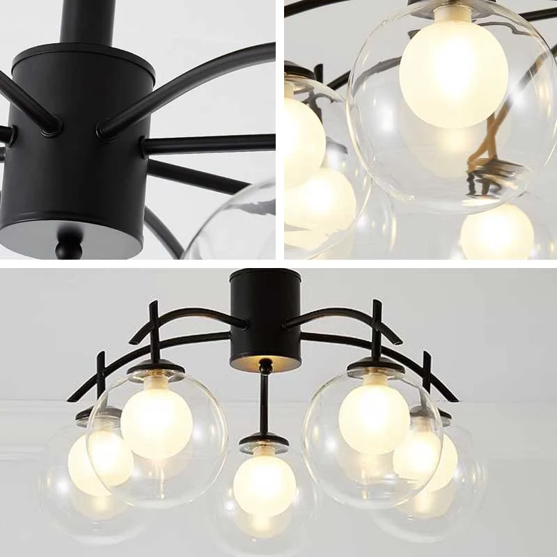 Helder glazen bol semi-inbouwlicht eigentijds 3/5/6-licht woonkamer plafond inbouw kroonluchter zwart Clearhalo