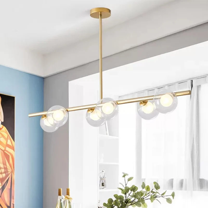 Helder glazen boleilandlamp boven eettafel, 6 lichte, moderne metalen hangende kroonluchters zwart/goud Clearhalo