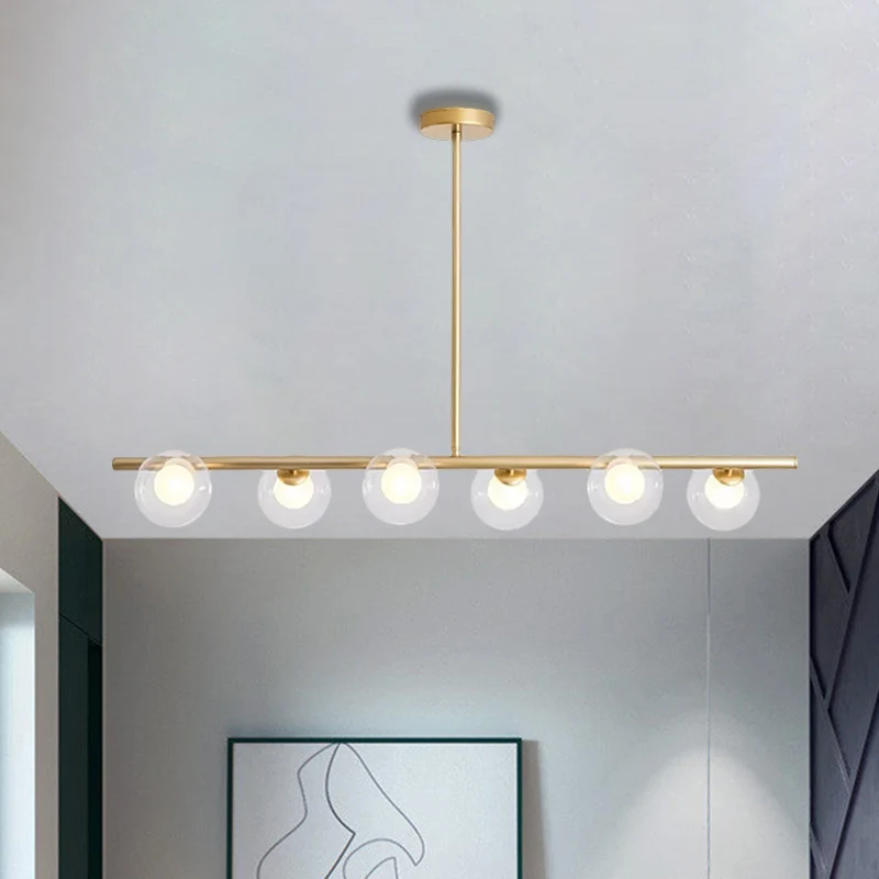 Helder glazen boleilandlamp boven eettafel, 6 lichte, moderne metalen hangende kroonluchters zwart/goud Clearhalo