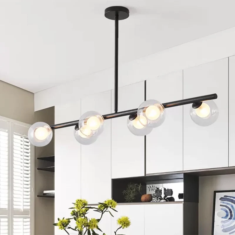 Helder glazen boleilandlamp boven eettafel, 6 lichte, moderne metalen hangende kroonluchters zwart/goud Clearhalo