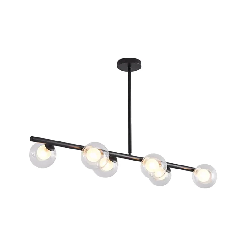 Helder glazen boleilandlamp boven eettafel, 6 lichte, moderne metalen hangende kroonluchters zwart/goud Clearhalo