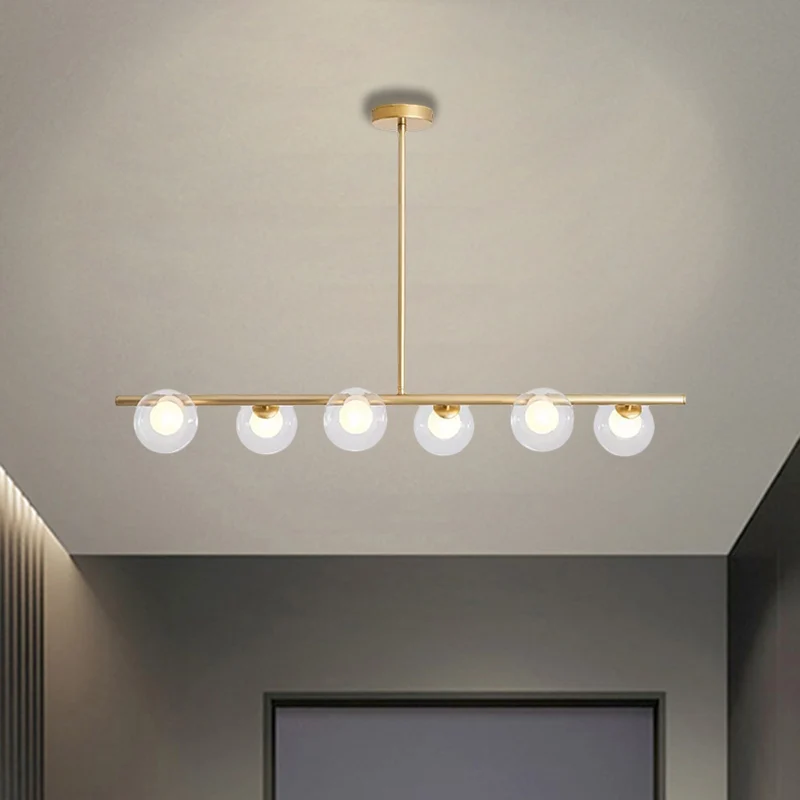 Helder glazen boleilandlamp boven eettafel, 6 lichte, moderne metalen hangende kroonluchters zwart/goud Clearhalo