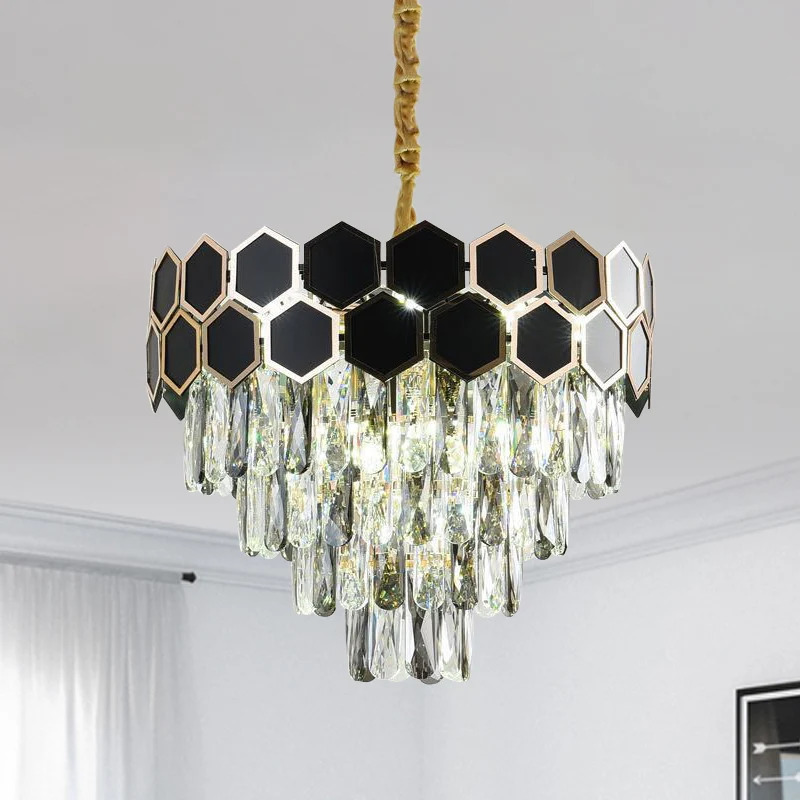 Helder glazen druppels zwarte afwerking hanglamp taps toelopend 9 lampen hedendaagse kroonluchterlamp Clearhalo
