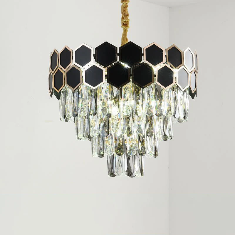 Helder glazen druppels zwarte afwerking hanglamp taps toelopend 9 lampen hedendaagse kroonluchterlamp Clearhalo