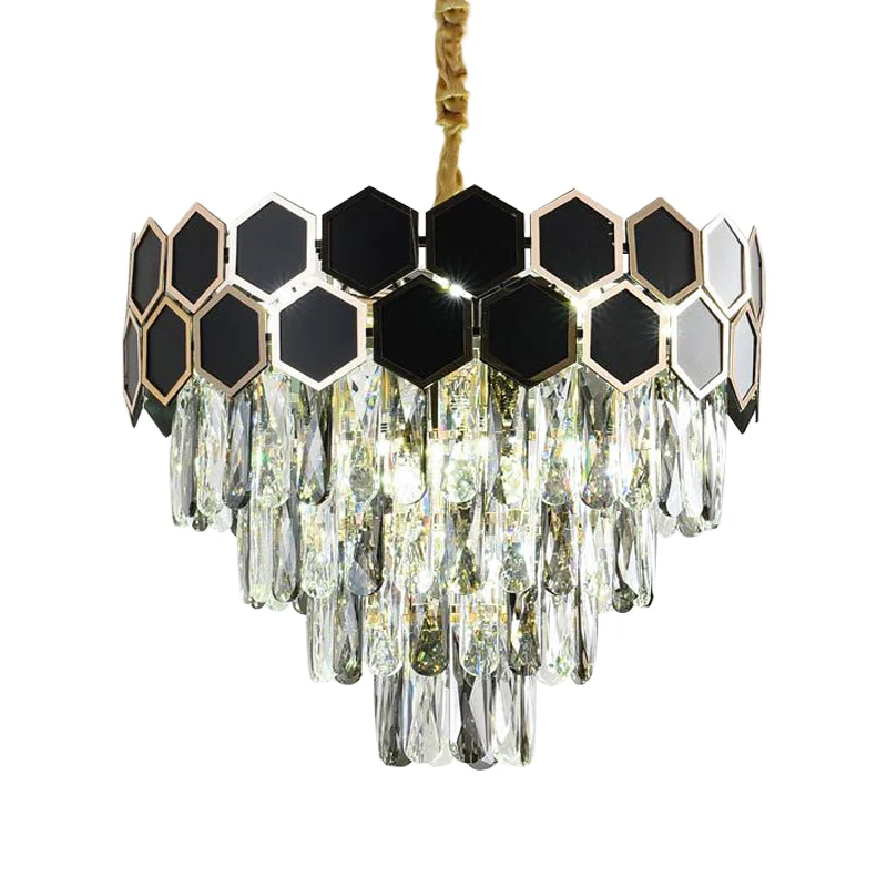 Helder glazen druppels zwarte afwerking hanglamp taps toelopend 9 lampen hedendaagse kroonluchterlamp Clearhalo