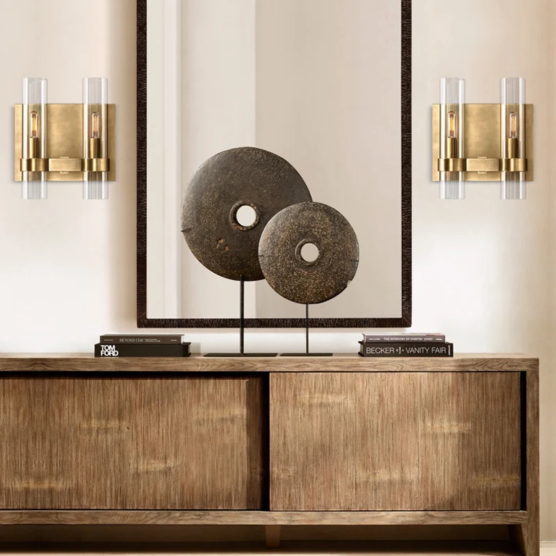 Helder glazen symmetrische buis wandkandelaar modernistische 2-kops zwart/messing gewapende wandlamp Clearhalo
