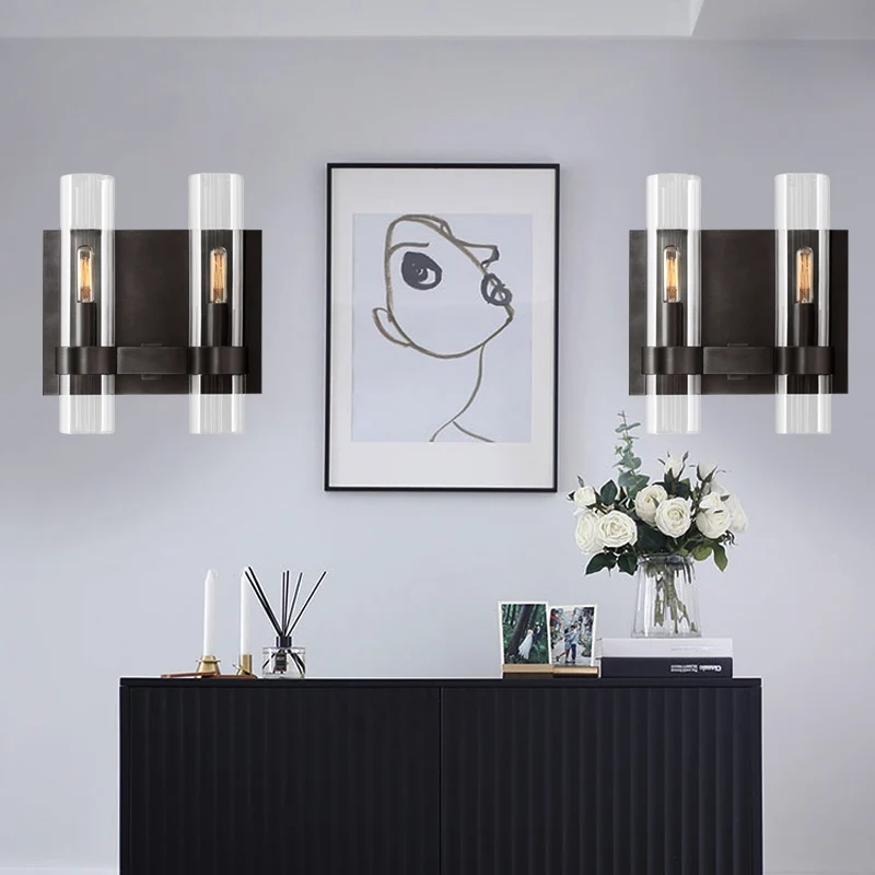 Helder glazen symmetrische buis wandkandelaar modernistische 2-kops zwart/messing gewapende wandlamp Clearhalo
