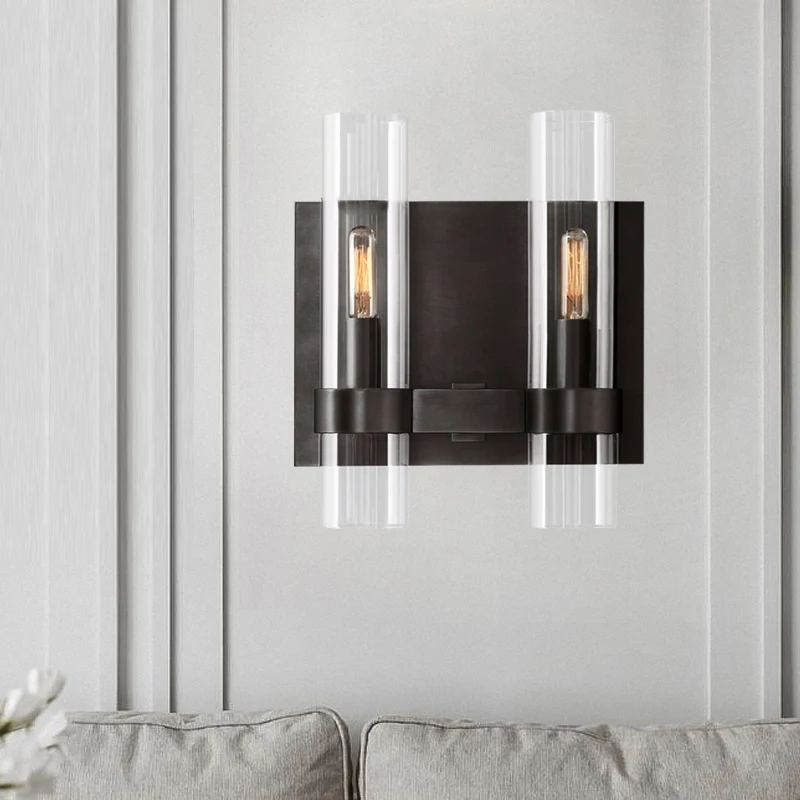 Helder glazen symmetrische buis wandkandelaar modernistische 2-kops zwart/messing gewapende wandlamp Clearhalo