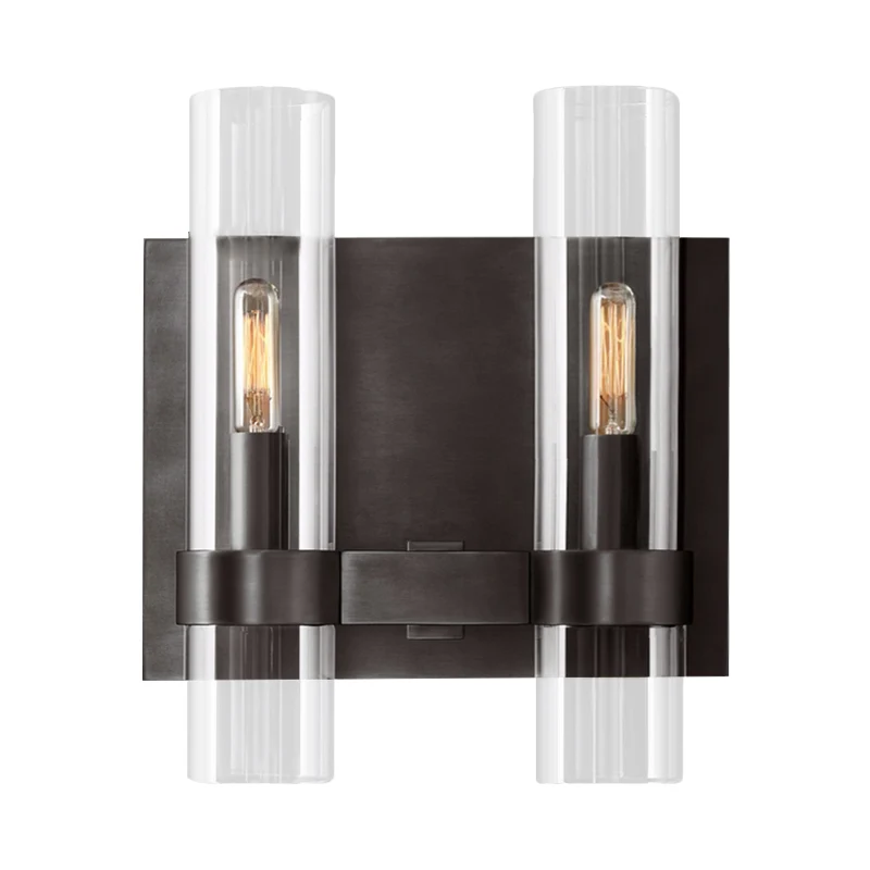 Helder glazen symmetrische buis wandkandelaar modernistische 2-kops zwart/messing gewapende wandlamp Clearhalo