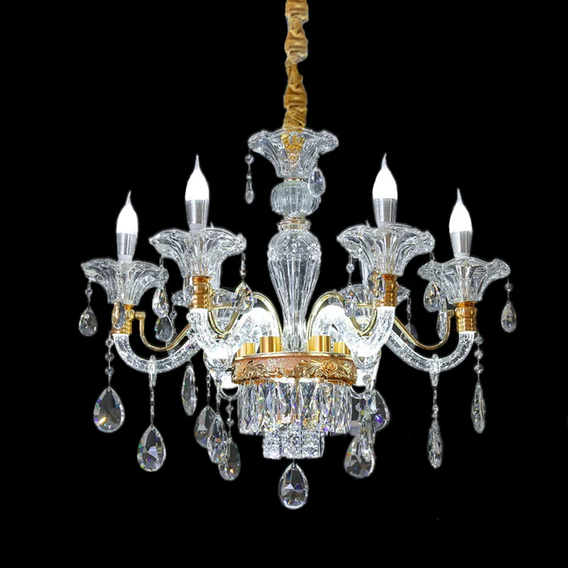 Helder kristal gouden hanglamp kandelaar 6 koppen traditionele kroonluchterverlichting voor hal Clearhalo