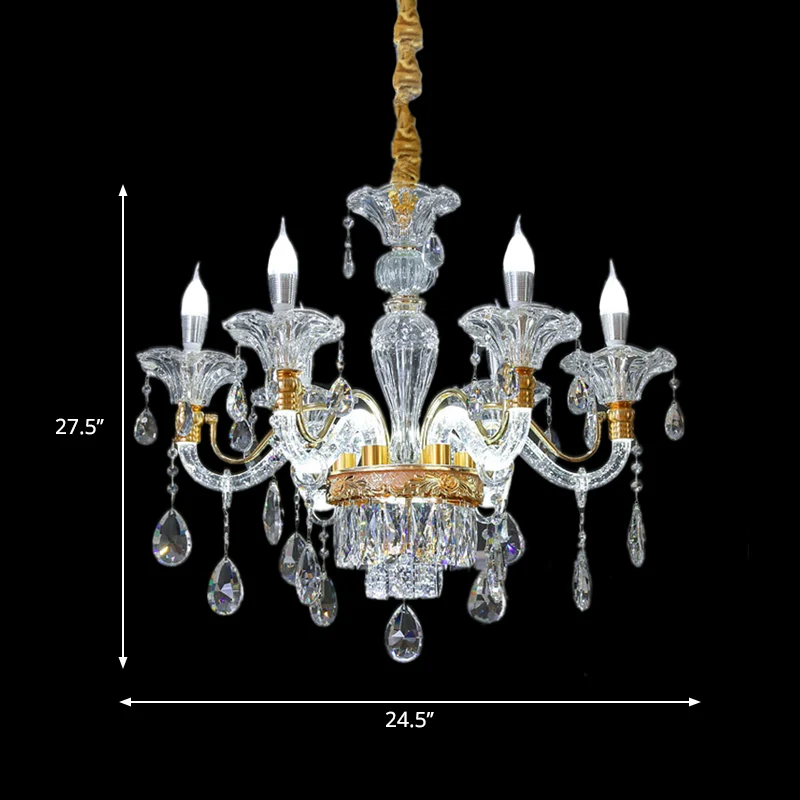 Helder kristal gouden hanglamp kandelaar 6 koppen traditionele kroonluchterverlichting voor hal Clearhalo