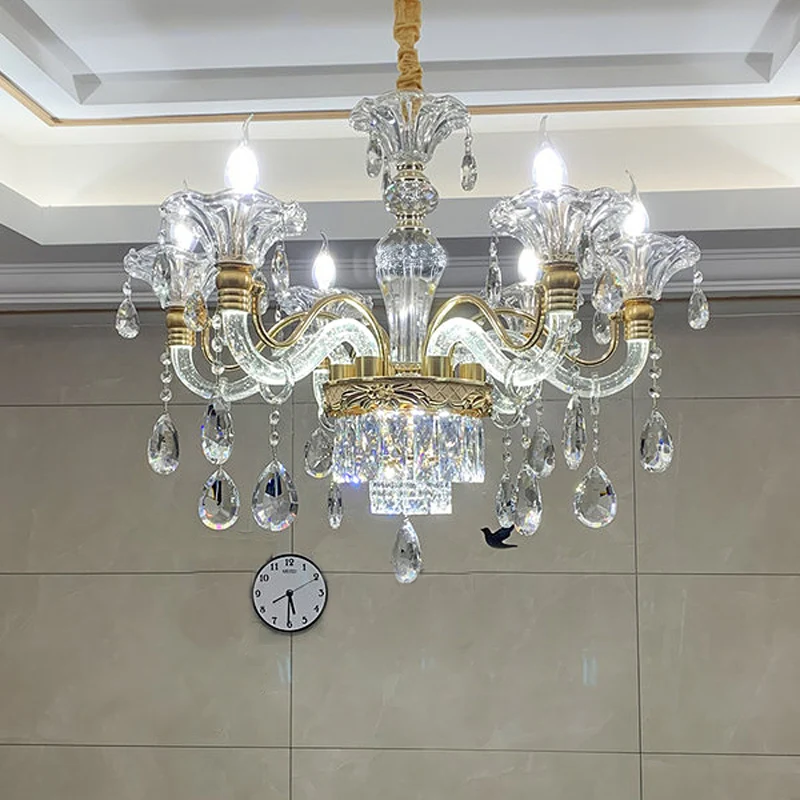 Helder kristal gouden hanglamp kandelaar 6 koppen traditionele kroonluchterverlichting voor hal Clearhalo