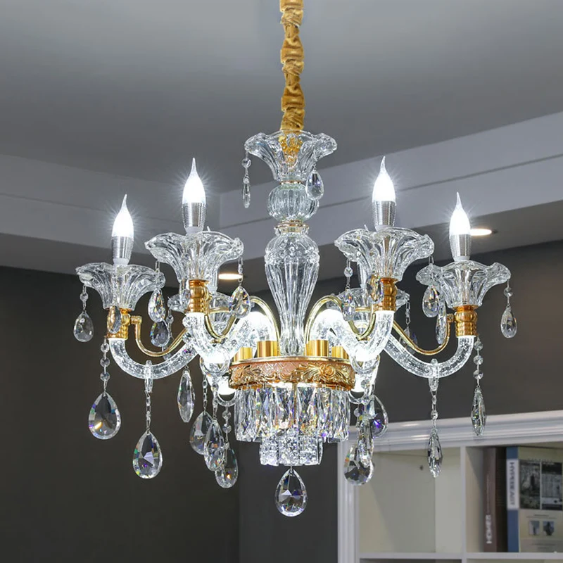 Helder kristal gouden hanglamp kandelaar 6 koppen traditionele kroonluchterverlichting voor hal Clearhalo