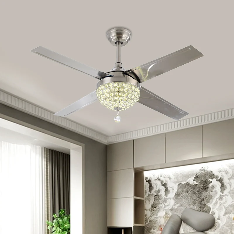 Helder kristal ingelegd nikkel Semi Flush Bowl LED eigentijds hangend ventilatorlicht met 4 bladen, 52" breed Clearhalo