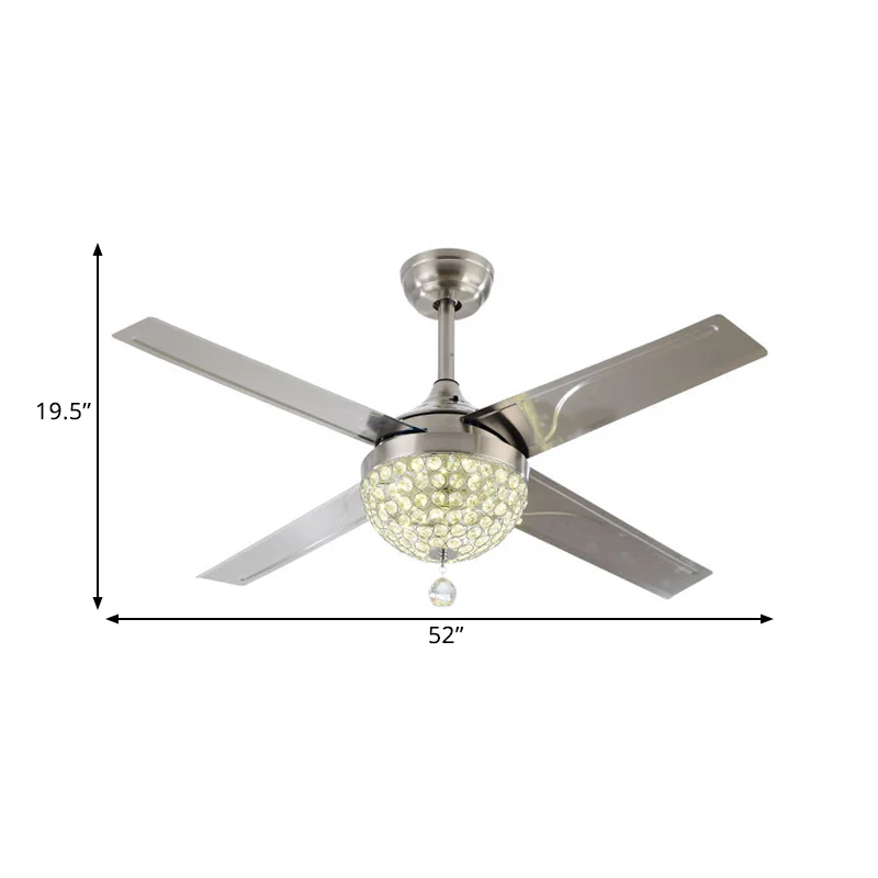 Helder kristal ingelegd nikkel Semi Flush Bowl LED eigentijds hangend ventilatorlicht met 4 bladen, 52" breed Clearhalo