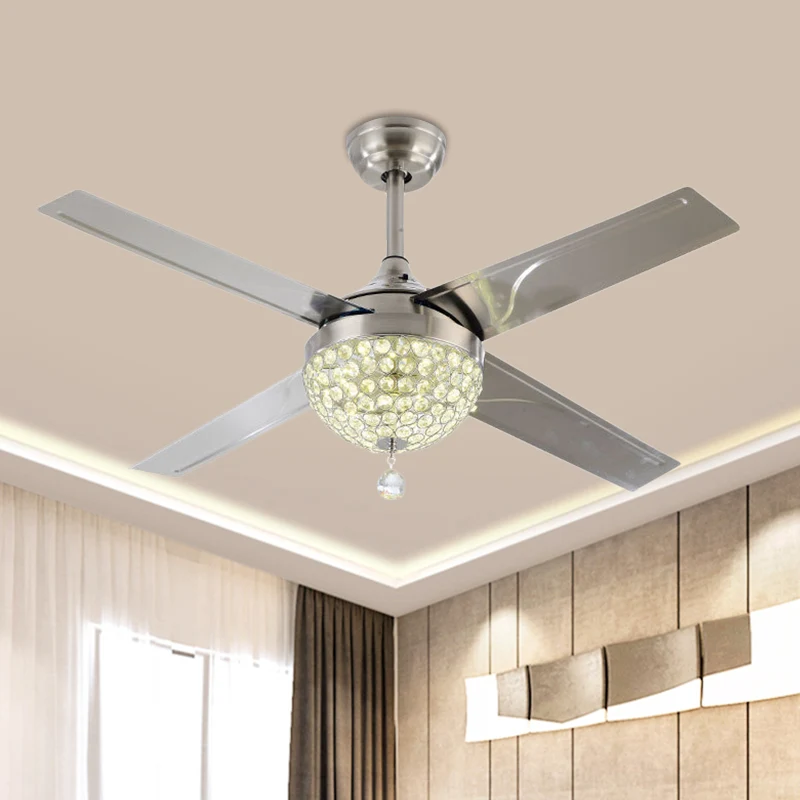 Helder kristal ingelegd nikkel Semi Flush Bowl LED eigentijds hangend ventilatorlicht met 4 bladen, 52" breed Clearhalo