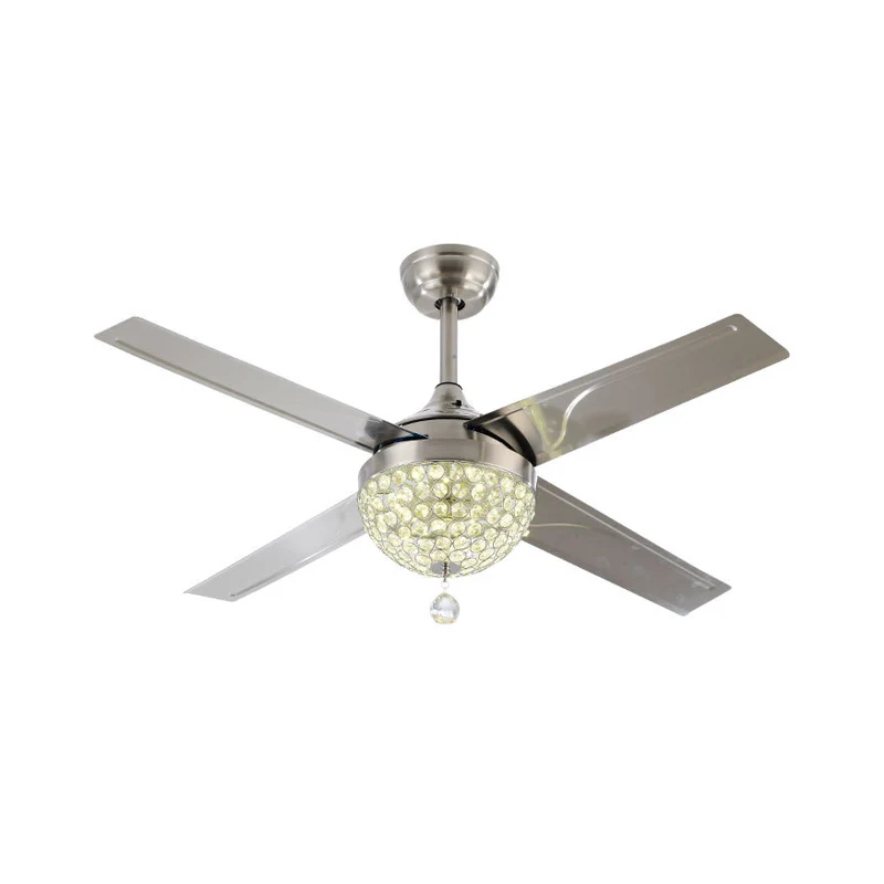 Helder kristal ingelegd nikkel Semi Flush Bowl LED eigentijds hangend ventilatorlicht met 4 bladen, 52" breed Clearhalo