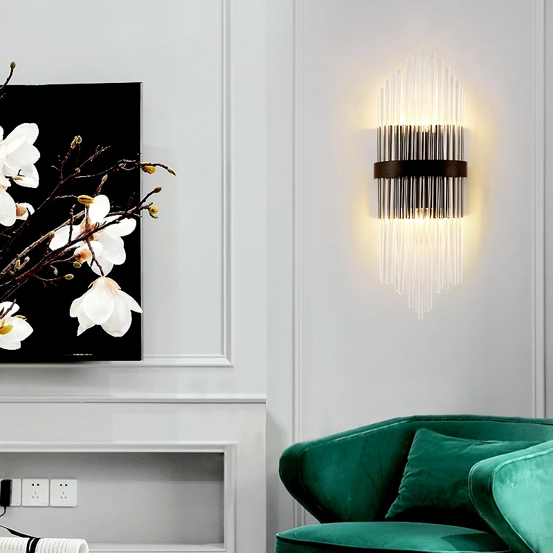 Helder kristal prisma wandgemonteerd licht Modern 2-koppig schanslicht met metalen vierkante achterplaat zwart, 1/2-pack C...