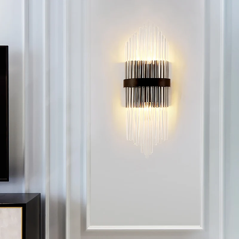 Helder kristal prisma wandgemonteerd licht Modern 2-koppig schanslicht met metalen vierkante achterplaat zwart, 1/2-pack C...