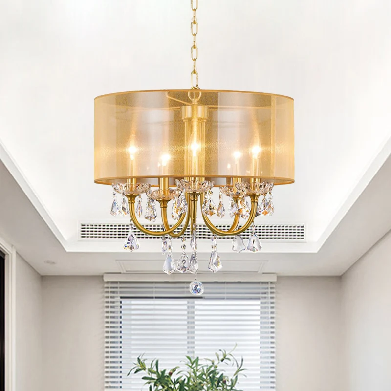 Helder kristalglas kaars plafond hanglamp magazijn 5-lichts eetkamer kroonluchter met trommel schroefdraad zijden kap mess...