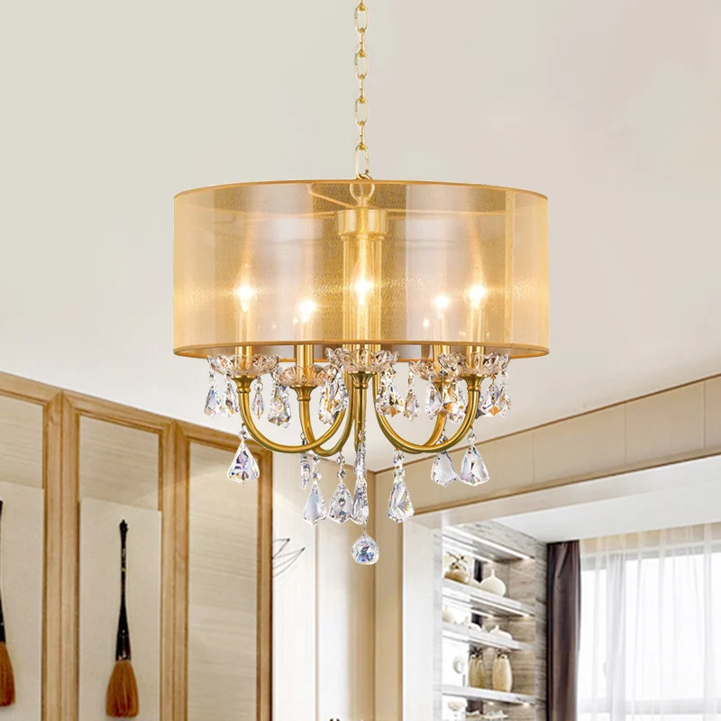 Helder kristalglas kaars plafond hanglamp magazijn 5-lichts eetkamer kroonluchter met trommel schroefdraad zijden kap mess...