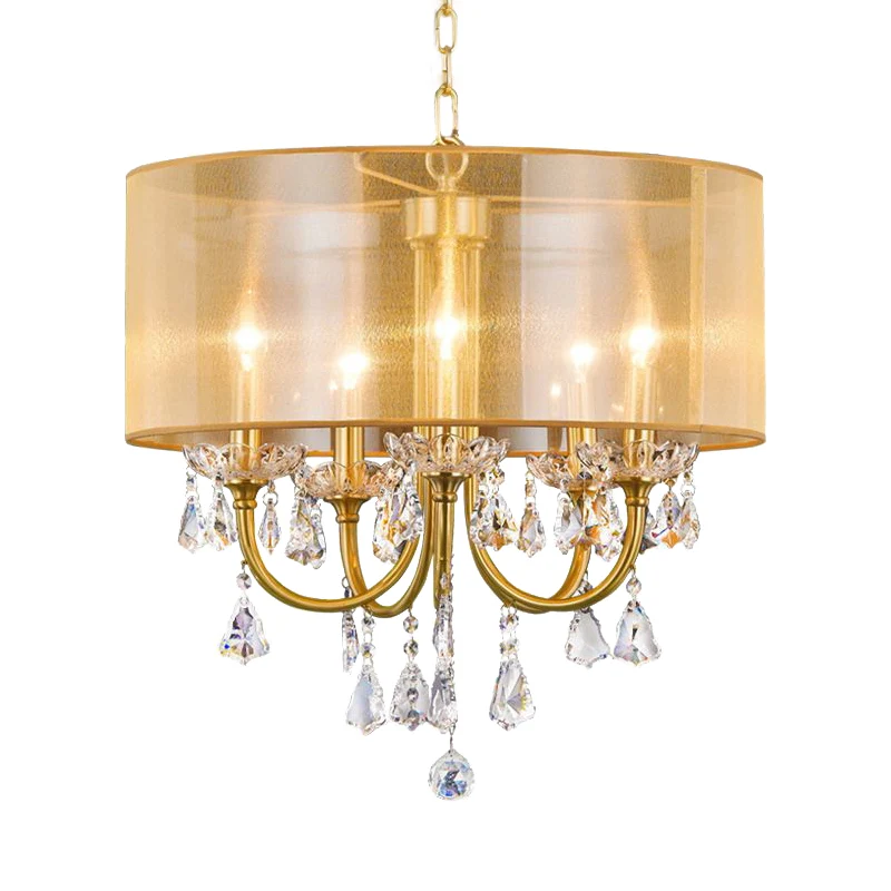 Helder kristalglas kaars plafond hanglamp magazijn 5-lichts eetkamer kroonluchter met trommel schroefdraad zijden kap mess...