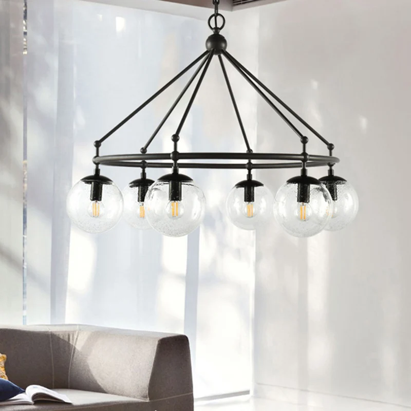 Helder matglazen bol kroonluchter modernistische multi-lights zwarte hanglampset met cirkelringontwerp Clearhalo