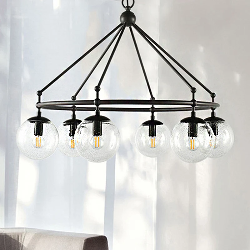 Helder matglazen bol kroonluchter modernistische multi-lights zwarte hanglampset met cirkelringontwerp Clearhalo